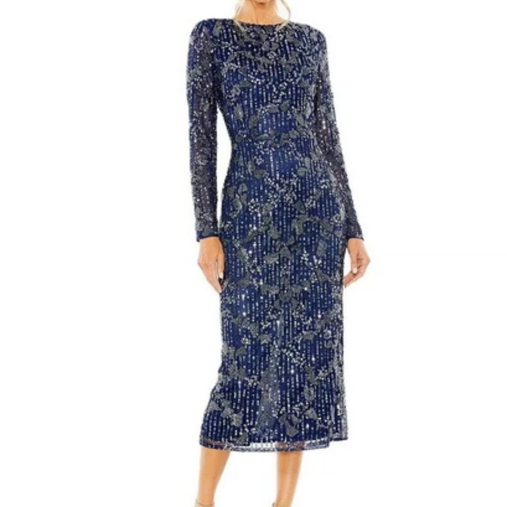 Mac Duggal Midnight Blue Sequin Beaded Long Sleeve Cocktail Midi Dress
